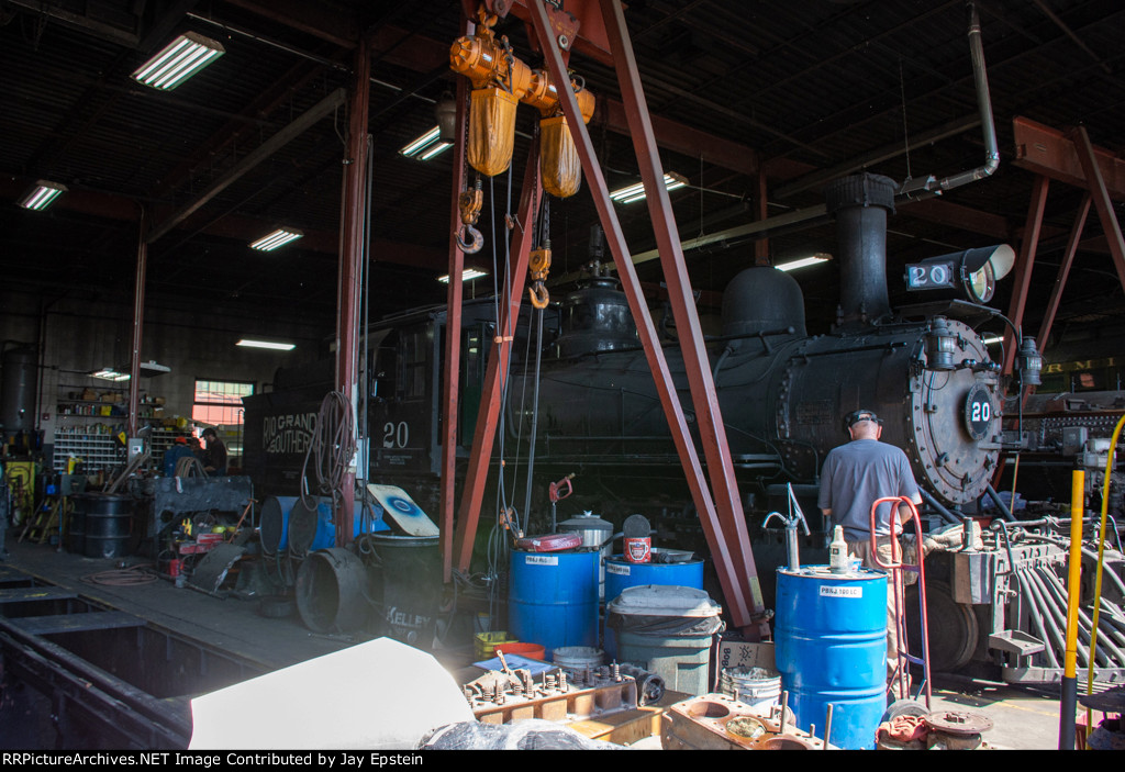RGS 20 is getting some work inside the Colorado Railroad Museum roundhouse 